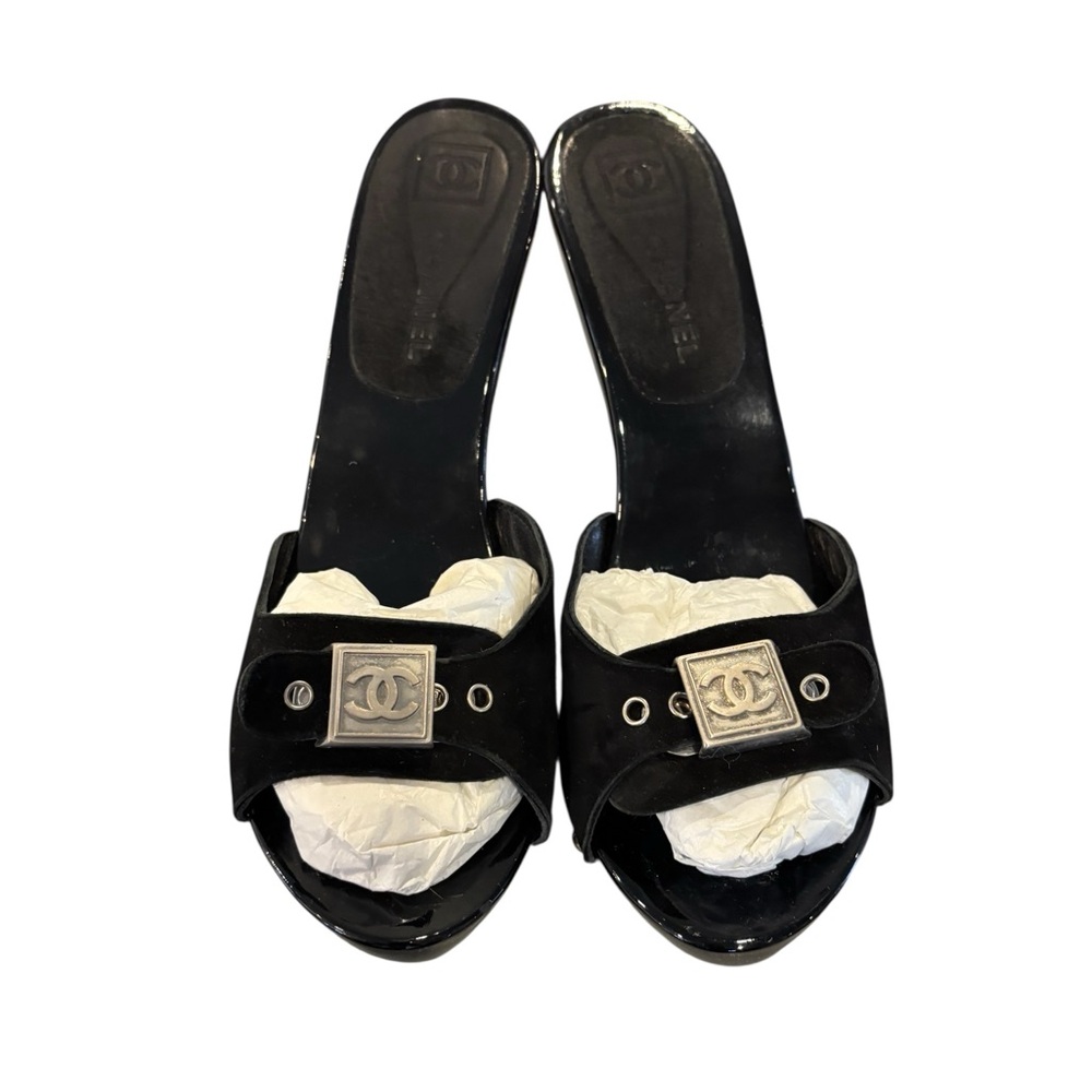 CHANEL Black Mules with Silver Accents and Suede Top